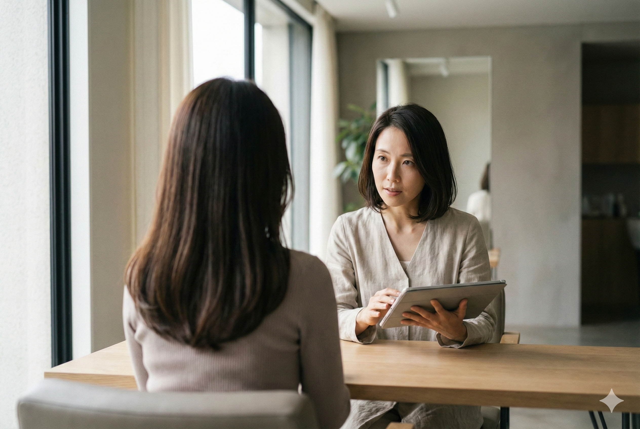 真剣な眼差しで、お客様と対面してカウンセリングを行うスタイリスト