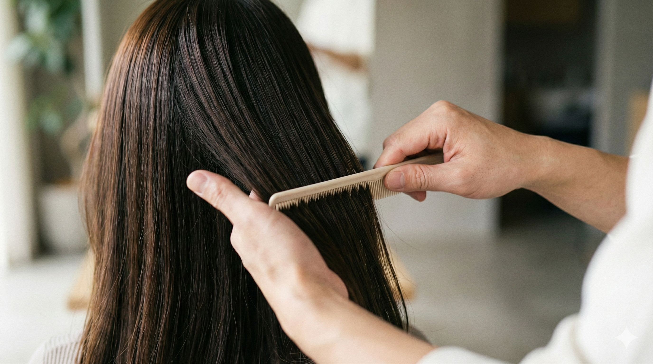 美容師がお客様の髪をコームで丁寧にとかす繊細な手元