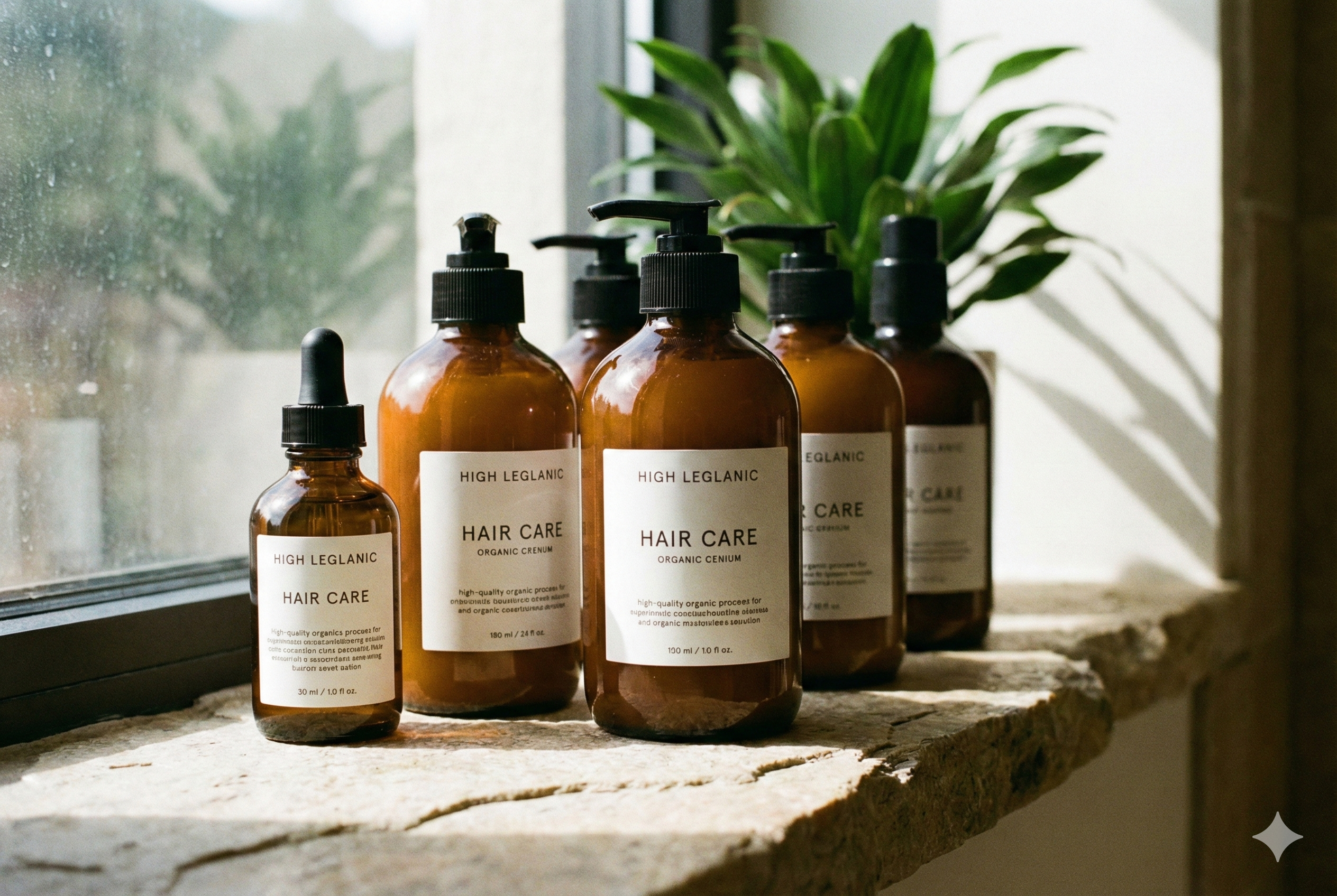 自然光の当たる窓際に美しく並べられた、上質なオーガニックヘアケアプロダクト