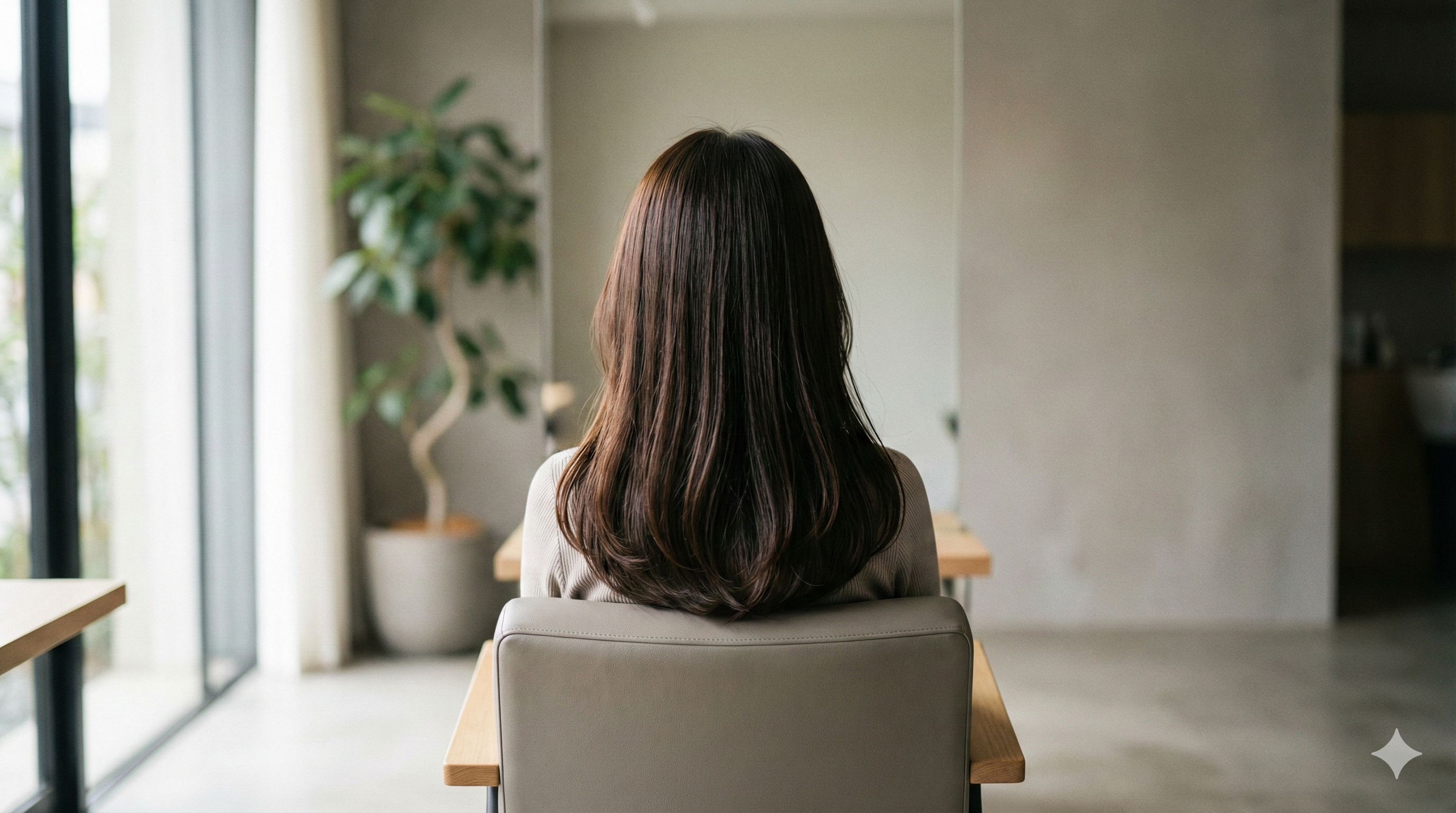 落ち着いたサロン空間で椅子に座る、美しい後ろ姿の女性