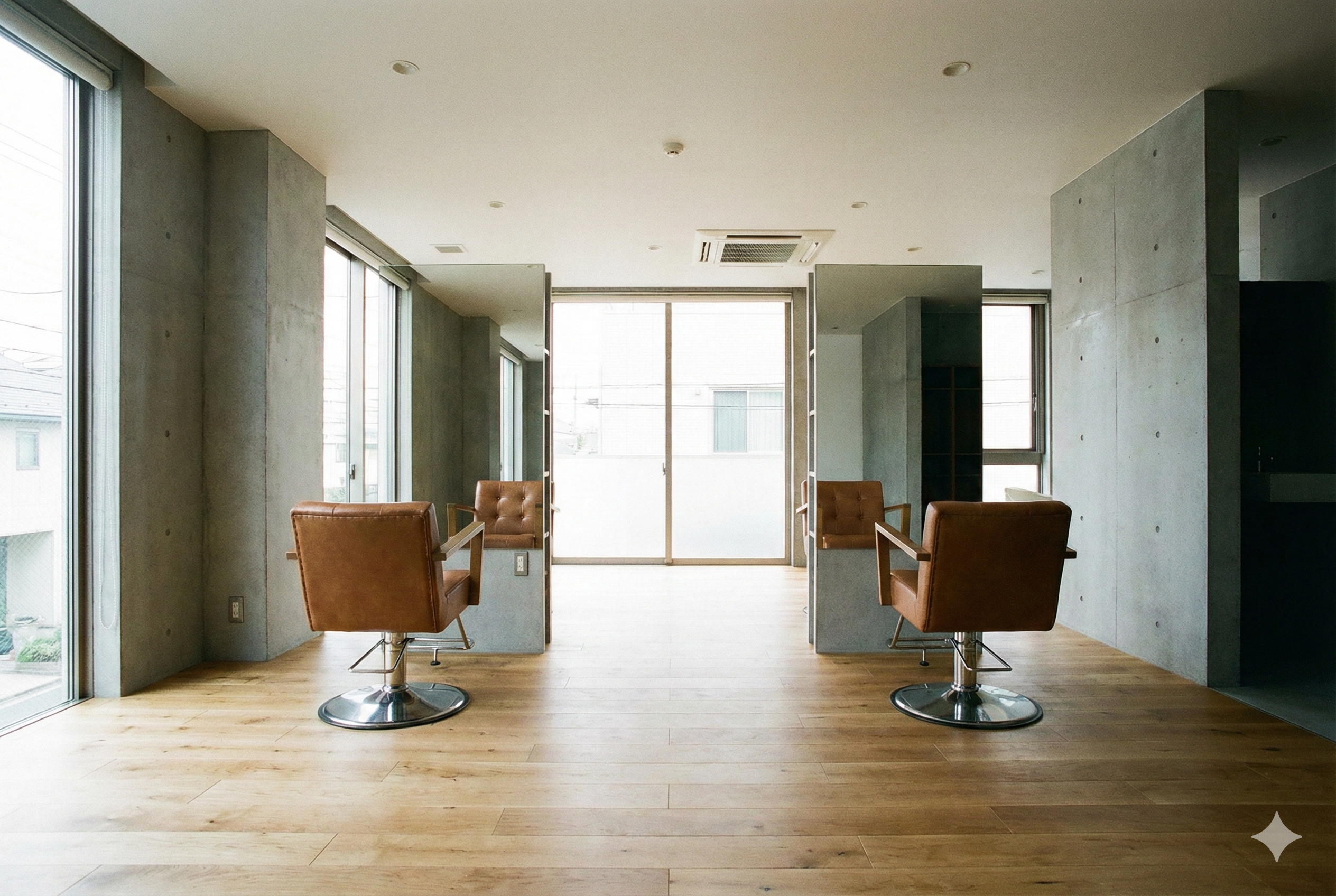 ゆったりと配置された椅子と、自然光が差し込む洗練されたサロン空間